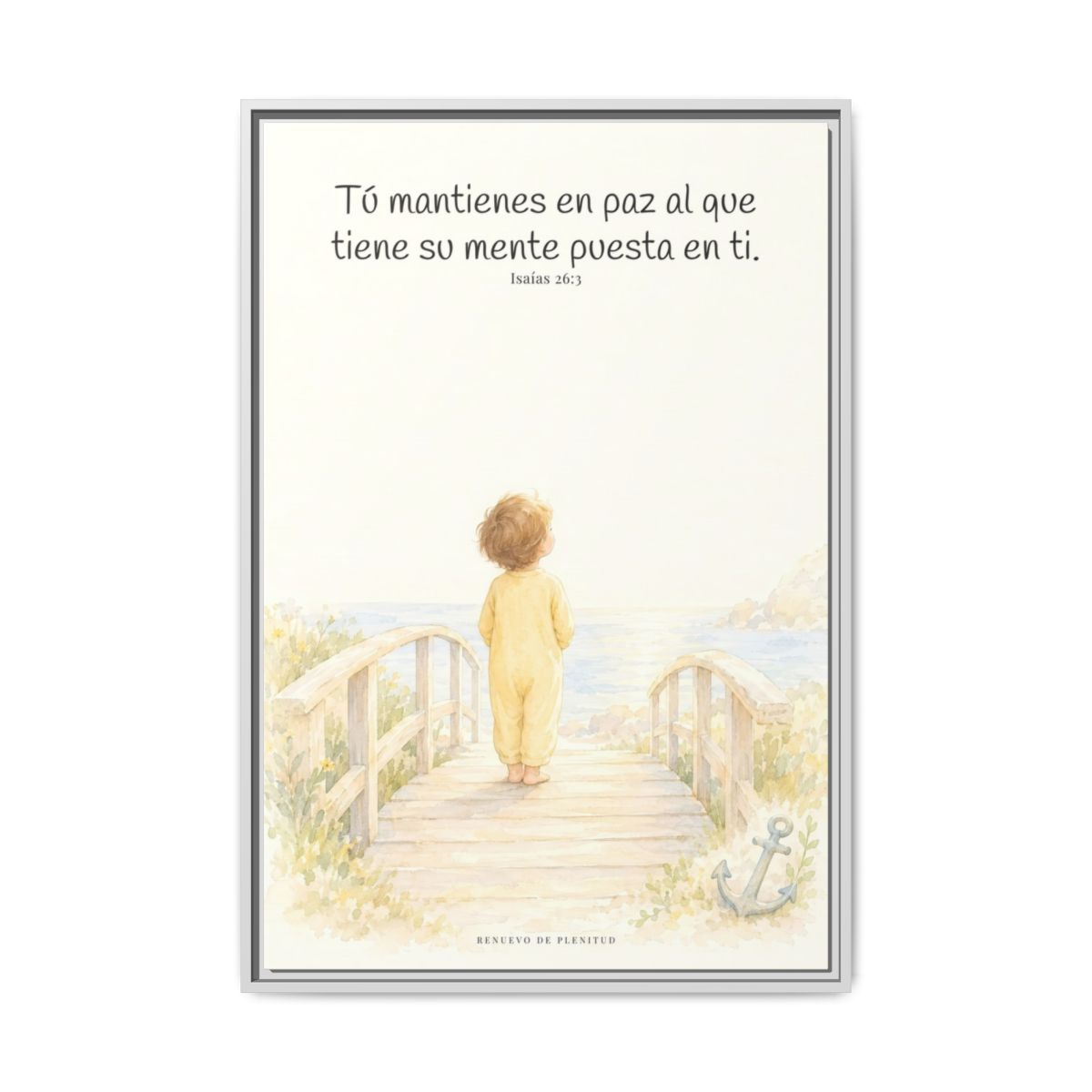El Señor me sostiene en pensamiento firme — Lienzo Cristiano Enmarcado | Isaías 26:3 — 24×36 pulgadas, marco blanco, vista frontal