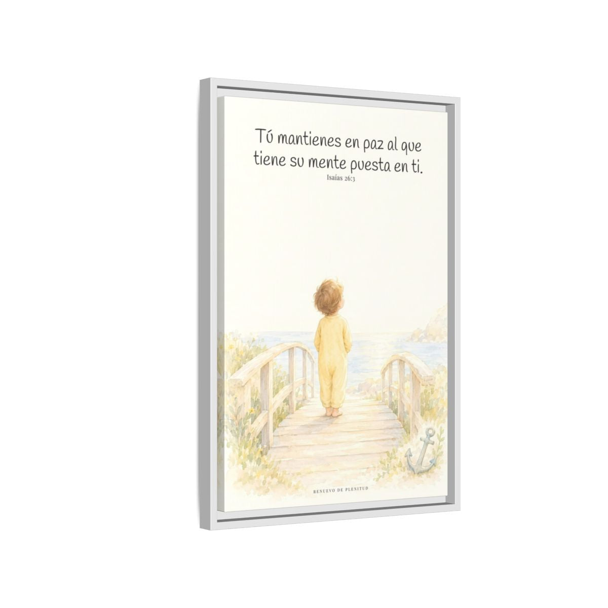 El Señor me sostiene en pensamiento firme — Lienzo Cristiano Enmarcado | Isaías 26:3 — 16×24 pulgadas, marco blanco, vista lateral del marco flotante