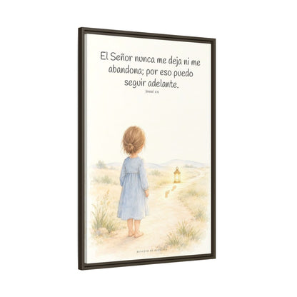 El Señor no me deja ni me abandona — Lienzo Cristiano Enmarcado | Josué 1:9 — 24×36 pulgadas, marco espresso, vista lateral del marco flotante