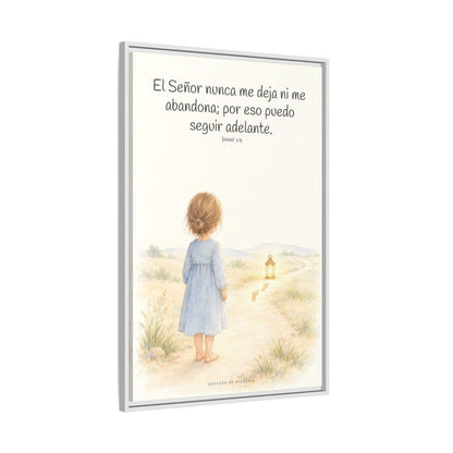El Señor no me deja ni me abandona — Lienzo Cristiano Enmarcado | Josué 1:9 — 24×36 pulgadas, marco blanco, vista lateral del marco flotante