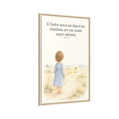 El Señor no me deja ni me abandona — Lienzo Cristiano Enmarcado | Josué 1:9 — 24×36 pulgadas, marco natural, vista lateral del marco flotante