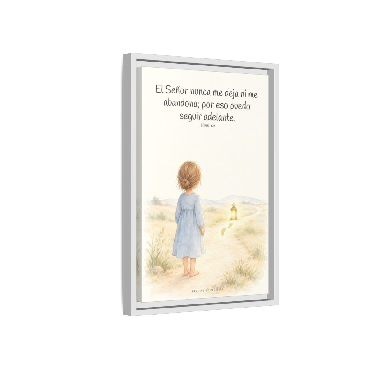 El Señor no me deja ni me abandona — Lienzo Cristiano Enmarcado | Josué 1:9 — 12×18 pulgadas, marco blanco, vista lateral del marco flotante
