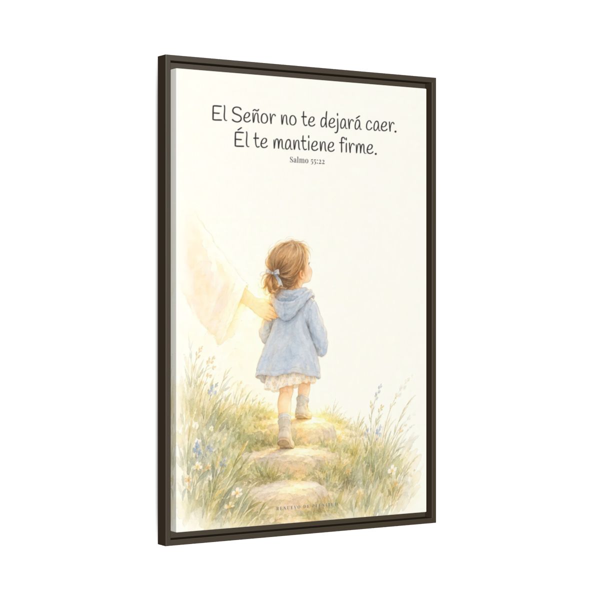 El Señor no te dejará caer — Lienzo Cristiano Enmarcado | Salmo 55:22 — 24×36 pulgadas, marco espresso, vista lateral del marco flotante
