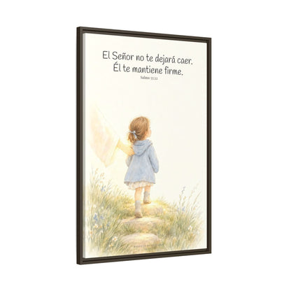 El Señor no te dejará caer — Lienzo Cristiano Enmarcado | Salmo 55:22 — 24×36 pulgadas, marco espresso, vista lateral del marco flotante