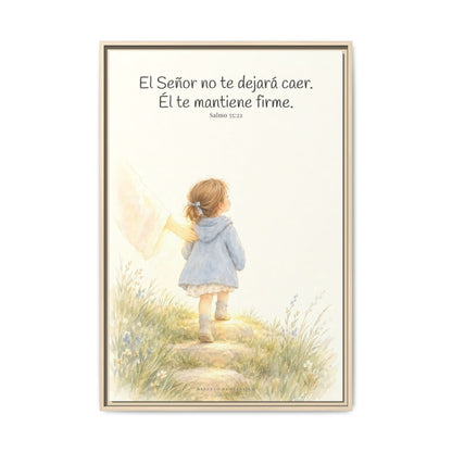 El Señor no te dejará caer — Lienzo Cristiano Enmarcado | Salmo 55:22 — 24×36 pulgadas, marco natural, vista frontal