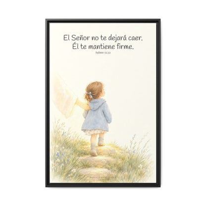 El Señor no te dejará caer — Lienzo Cristiano Enmarcado | Salmo 55:22 — 24×36 pulgadas, marco negro, vista frontal