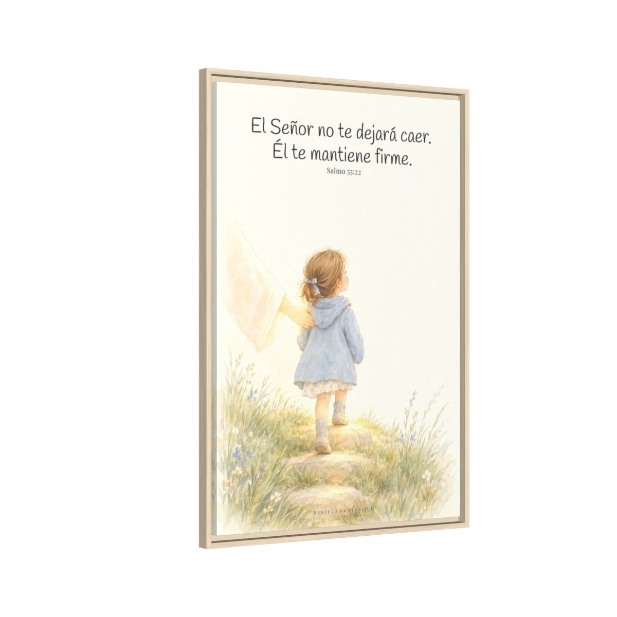 El Señor no te dejará caer — Lienzo Cristiano Enmarcado | Salmo 55:22 — 24×36 pulgadas, marco natural, vista lateral del marco flotante