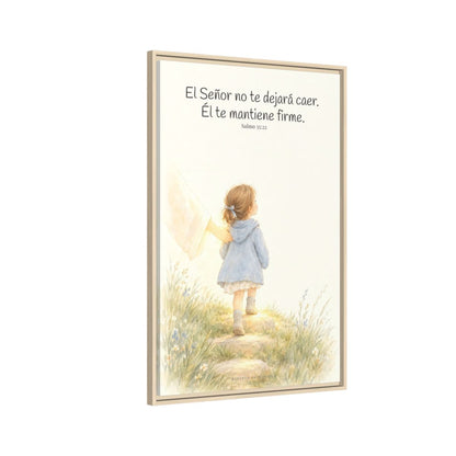 El Señor no te dejará caer — Lienzo Cristiano Enmarcado | Salmo 55:22 — 24×36 pulgadas, marco natural, vista lateral del marco flotante