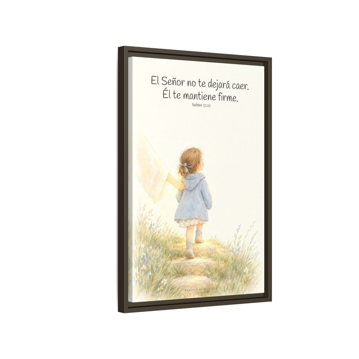 El Señor no te dejará caer — Lienzo Cristiano Enmarcado | Salmo 55:22 — 16×24 pulgadas, marco espresso, vista lateral del marco flotante