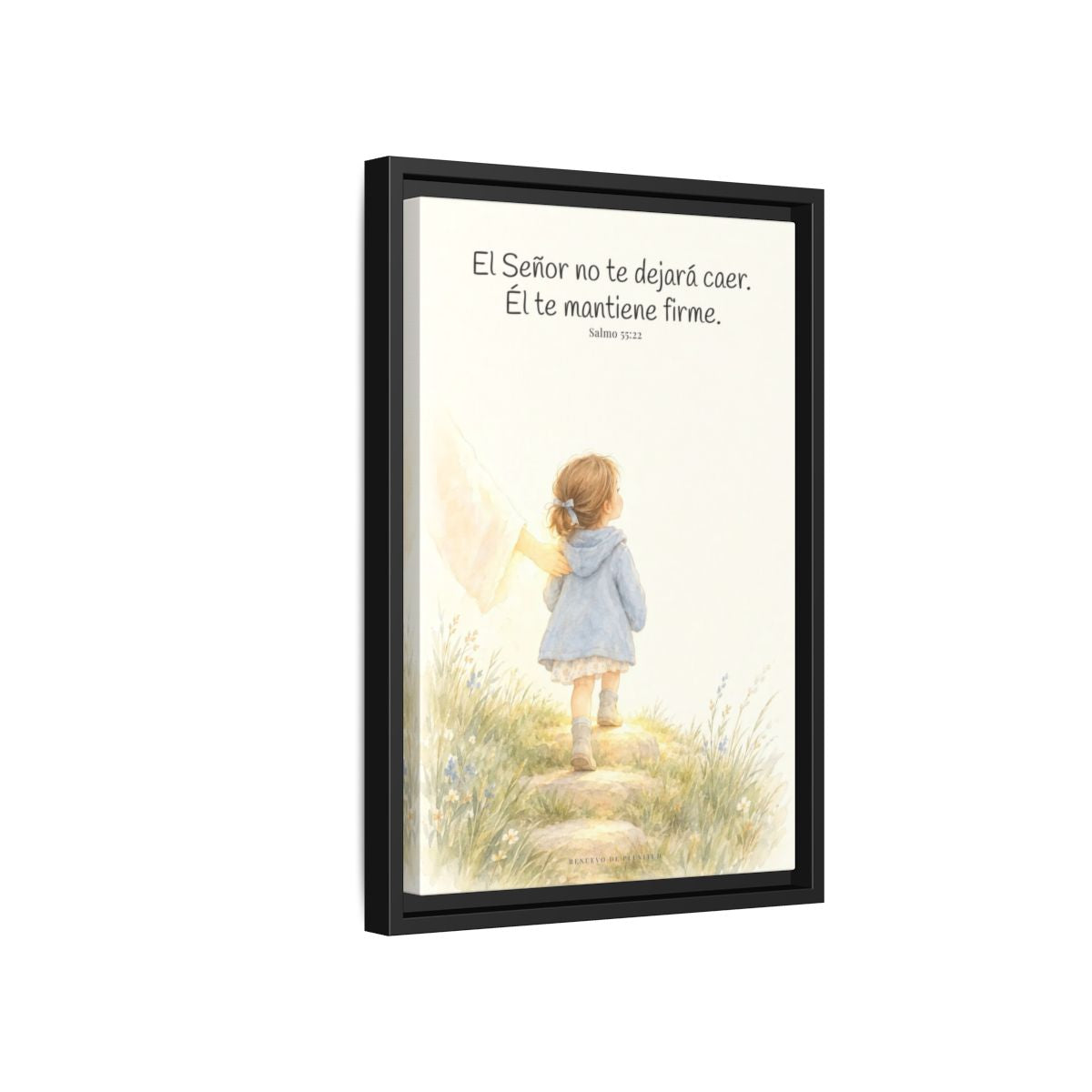 El Señor no te dejará caer — Lienzo Cristiano Enmarcado | Salmo 55:22 — 12×18 pulgadas, marco negro, vista lateral del marco flotante