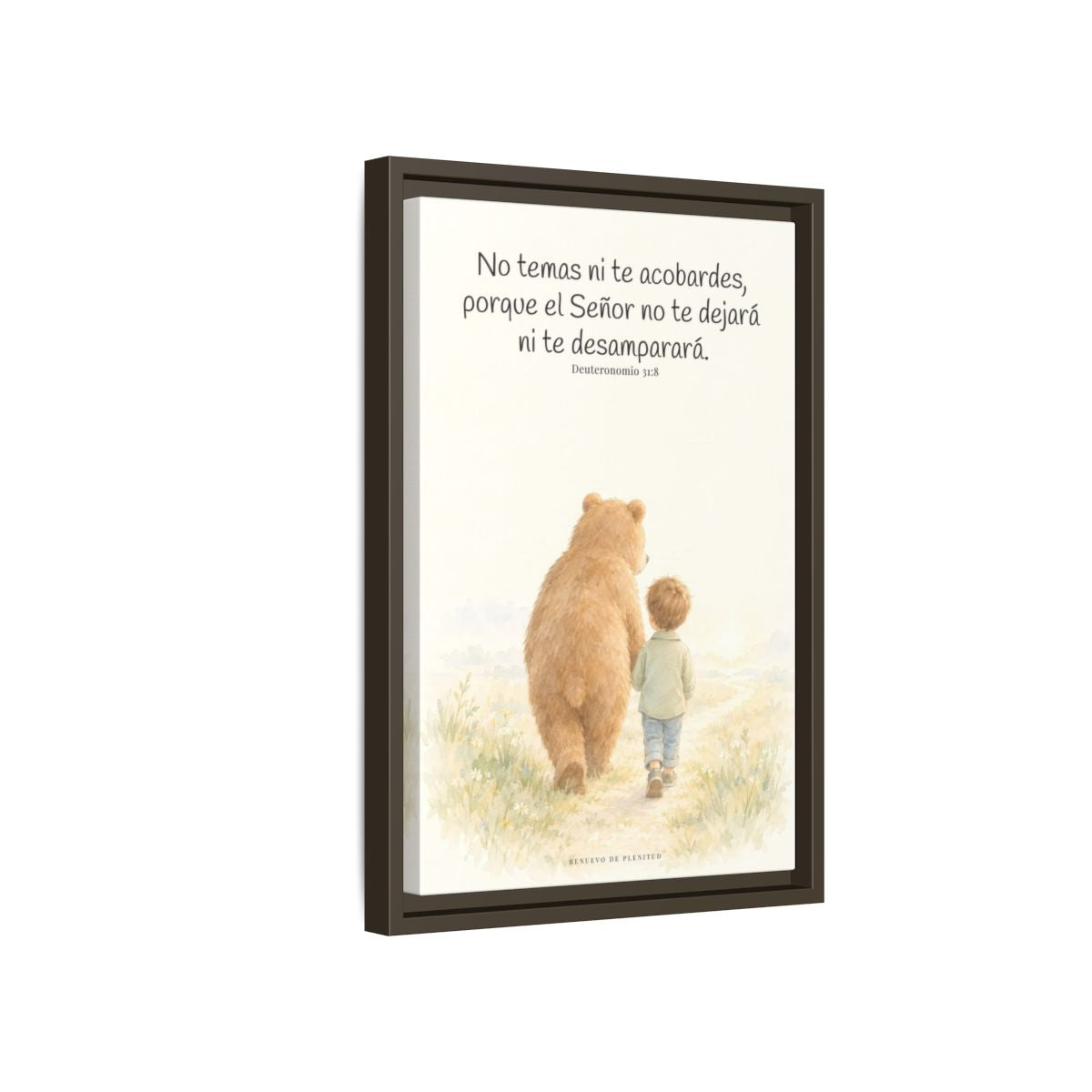 El Señor no te dejará solo — Lienzo Cristiano Enmarcado | Deuteronomio 31:8 — 12×18 pulgadas, marco espresso, vista lateral del marco flotante
