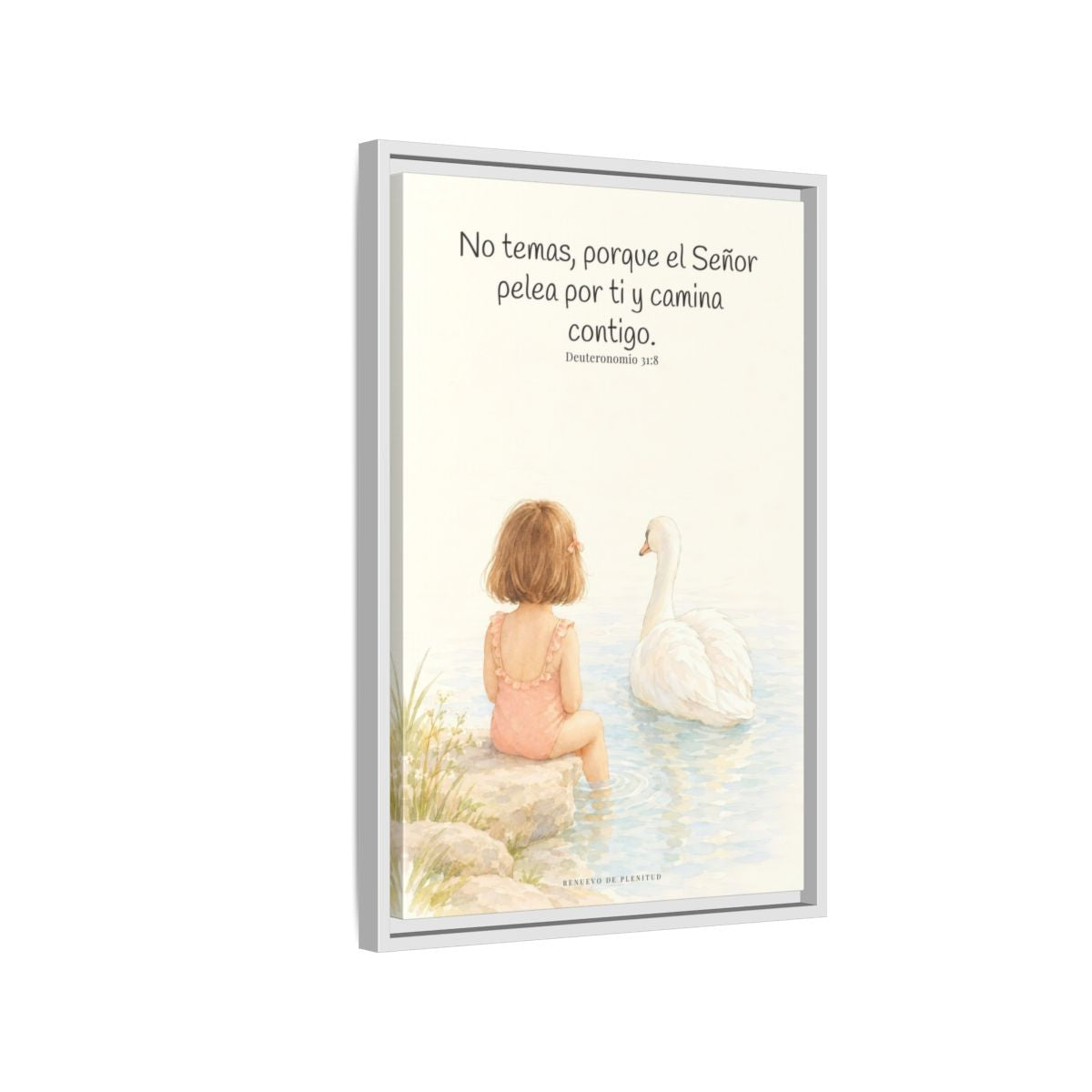 El Señor no tiene miedo de lo que viene | Lienzo bíblico para el hogar | Deuteronomio 31:8 — 16×24 pulgadas, marco blanco, vista lateral del marco flotante