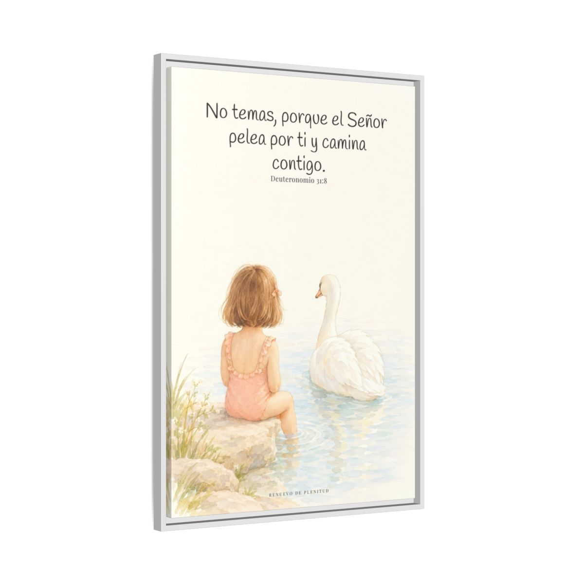 El Señor no tiene miedo de lo que viene | Lienzo bíblico para el hogar | Deuteronomio 31:8 — 24×36 pulgadas, marco blanco, vista lateral del marco flotante