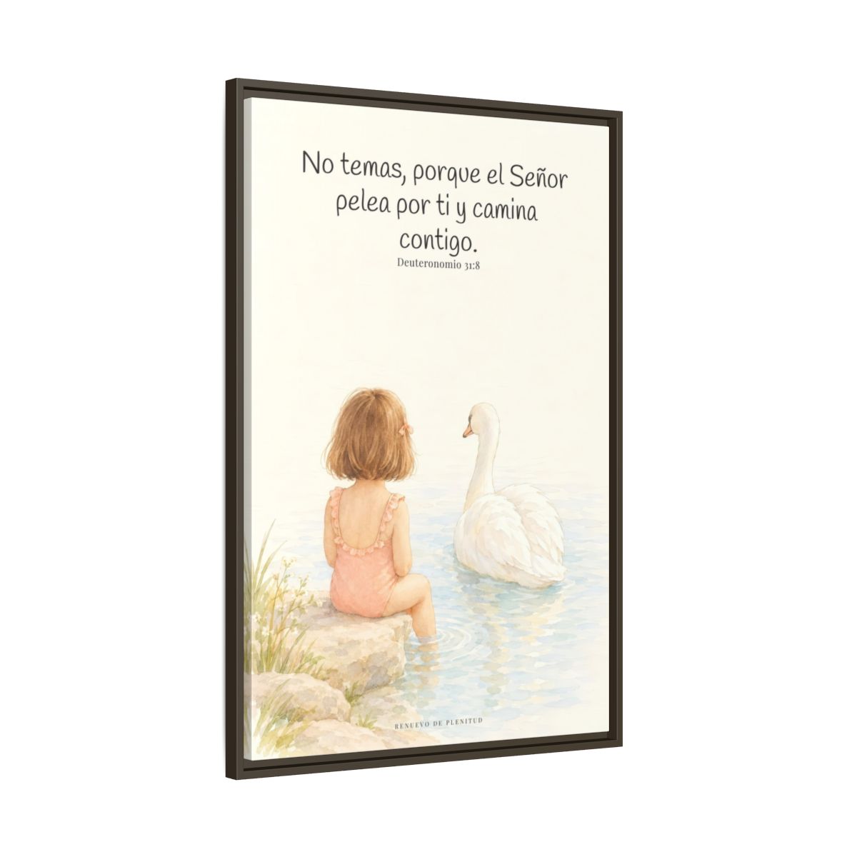 El Señor no tiene miedo de lo que viene | Lienzo bíblico para el hogar | Deuteronomio 31:8 — 24×36 pulgadas, marco espresso, vista lateral del marco flotante