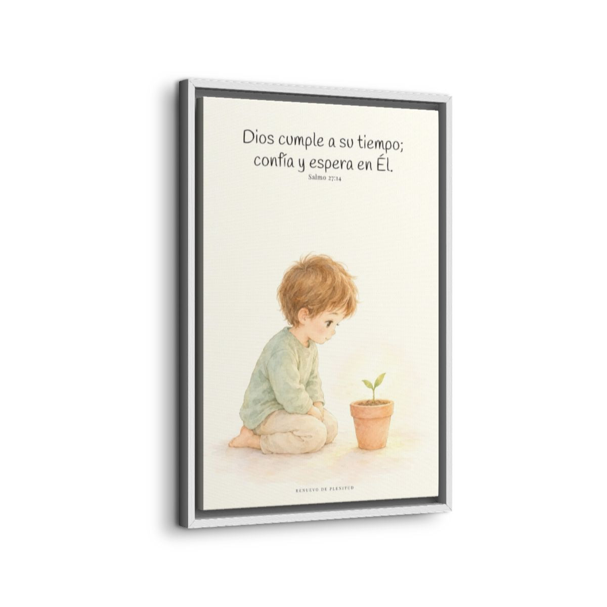 El Señor nunca llega tarde | Decoración cristiana enmarcada | Salmo 27:14 — 16×24 pulgadas, marco blanco, vista lateral del marco flotante