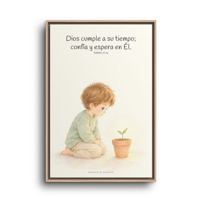 El Señor nunca llega tarde | Decoración cristiana enmarcada | Salmo 27:14 — 24×36 pulgadas, marco natural, vista frontal