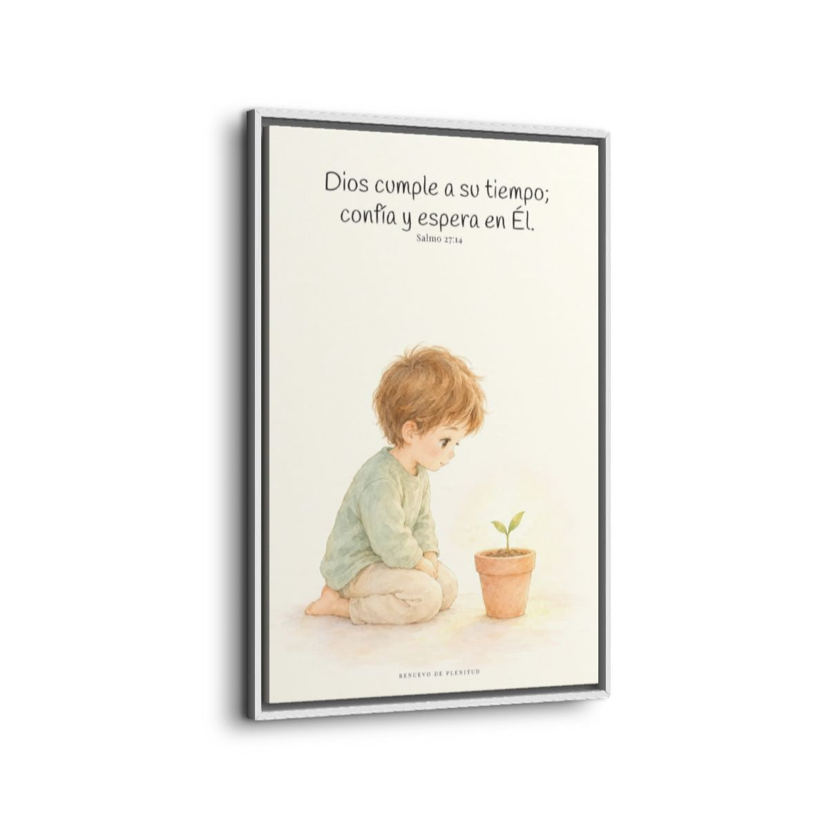 El Señor nunca llega tarde | Decoración cristiana enmarcada | Salmo 27:14 — 24×36 pulgadas, marco blanco, vista lateral del marco flotante