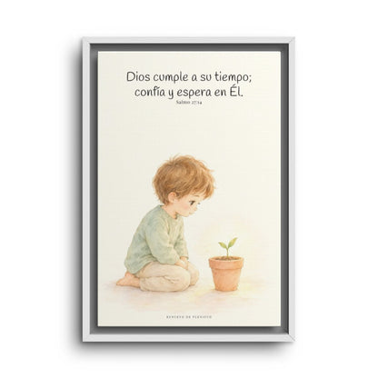 El Señor nunca llega tarde | Decoración cristiana enmarcada | Salmo 27:14 — 12×18 pulgadas, marco blanco, vista frontal