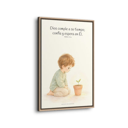 El Señor nunca llega tarde | Decoración cristiana enmarcada | Salmo 27:14 — 24×36 pulgadas, marco natural, vista lateral del marco flotante