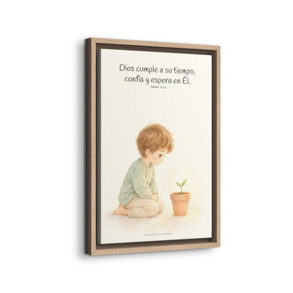 El Señor nunca llega tarde | Decoración cristiana enmarcada | Salmo 27:14 — 12×18 pulgadas, marco natural, vista lateral del marco flotante