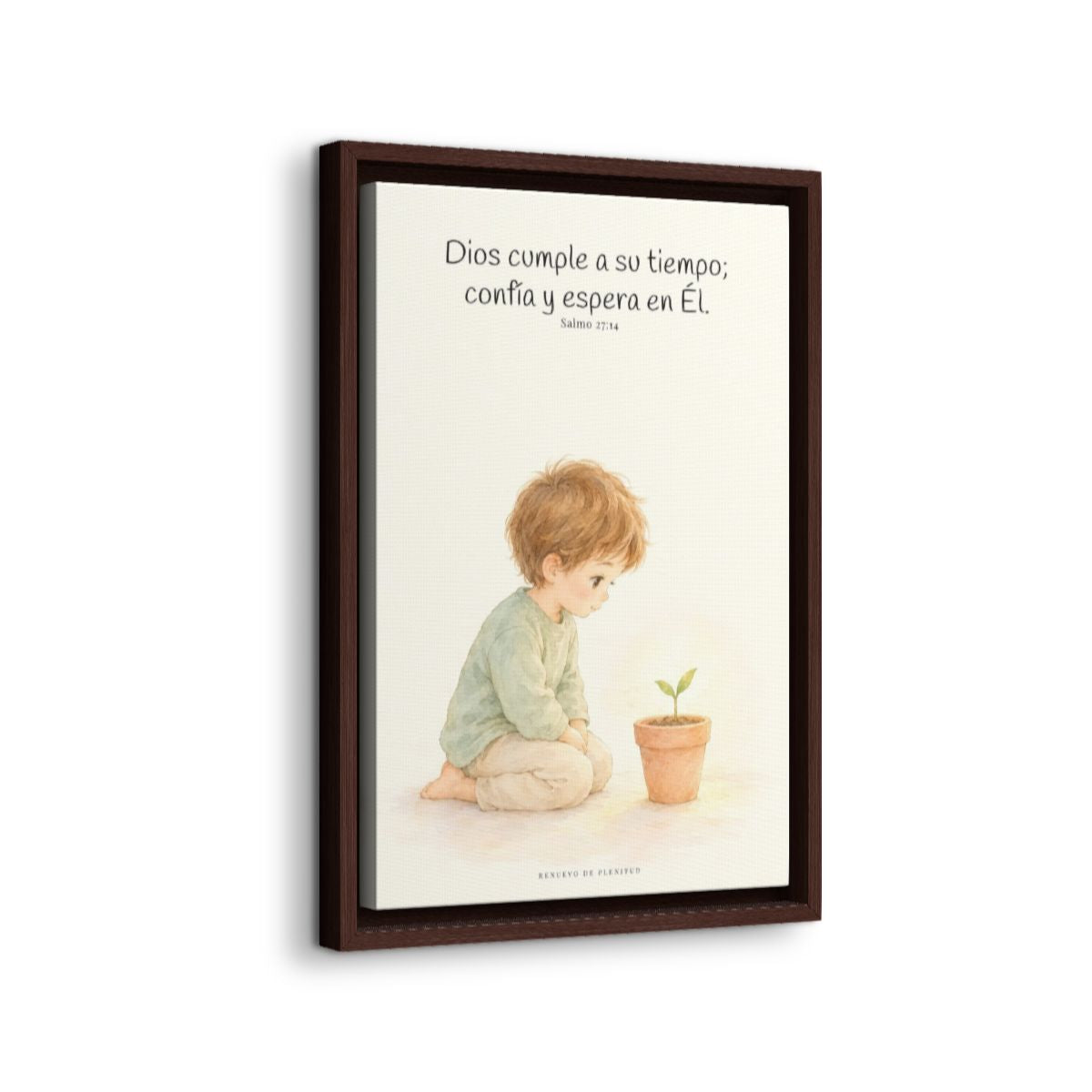 El Señor nunca llega tarde | Decoración cristiana enmarcada | Salmo 27:14 — 12×18 pulgadas, marco espresso, vista lateral del marco flotante