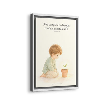 El Señor nunca llega tarde | Decoración cristiana enmarcada | Salmo 27:14 — 12×18 pulgadas, marco blanco, vista lateral del marco flotante
