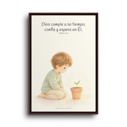 El Señor nunca llega tarde | Decoración cristiana enmarcada | Salmo 27:14 — 24×36 pulgadas, marco espresso, vista frontal