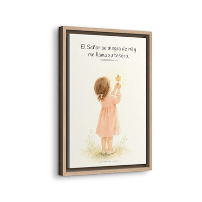 El Señor se alegra de mí | Decoración cristiana enmarcada | Deuteronomio 7:6 — 12×18 pulgadas, marco natural, vista lateral del marco flotante