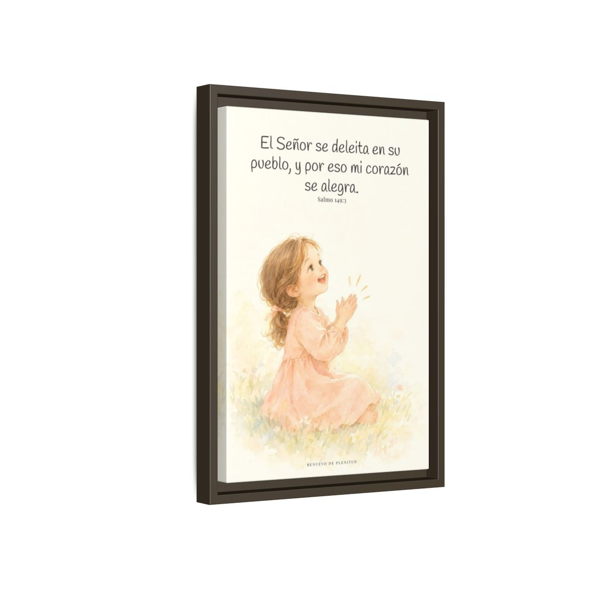 El Señor se deleita en su pueblo — Lienzo Cristiano Enmarcado | Salmo 149:3 — 12×18 pulgadas, marco espresso, vista lateral del marco flotante