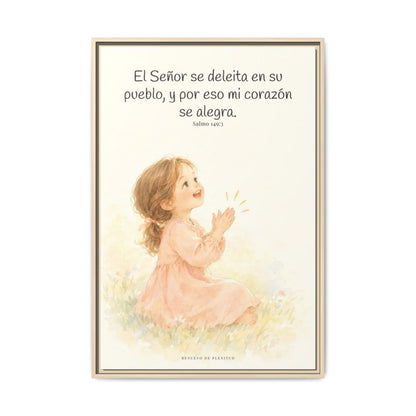 El Señor se deleita en su pueblo — Lienzo Cristiano Enmarcado | Salmo 149:3 — 24×36 pulgadas, marco natural, vista frontal
