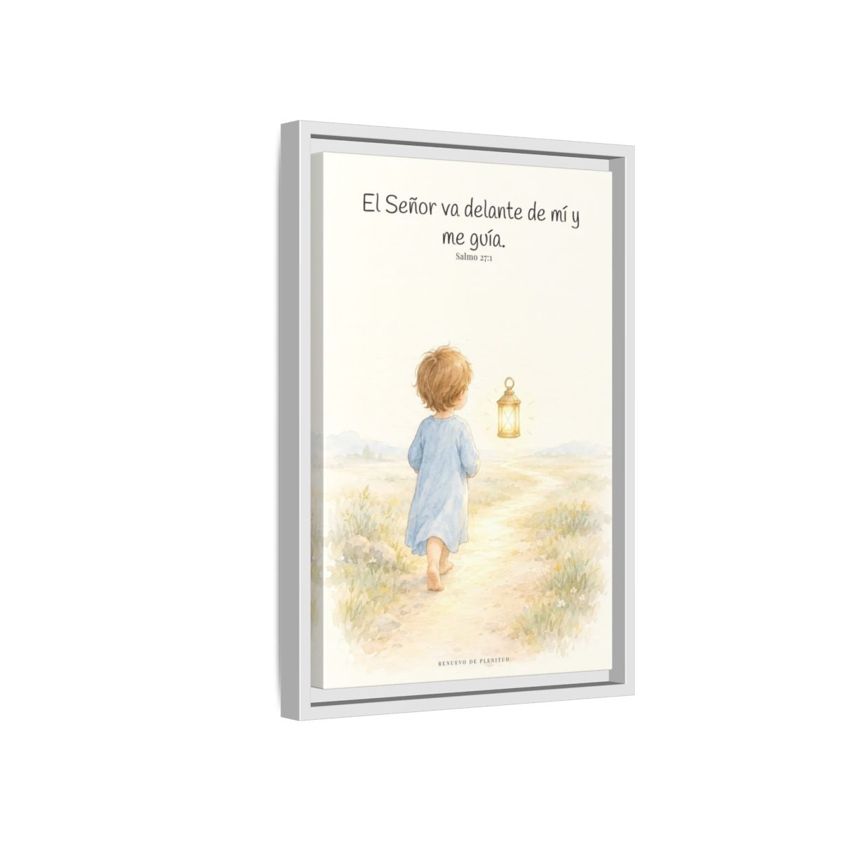 El Señor va delante de mí — Lienzo Cristiano Enmarcado | Salmo 27:1 — 12×18 pulgadas, marco blanco, vista lateral del marco flotante