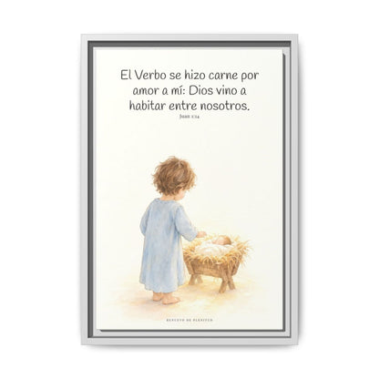 El Verbo se hizo carne por amor a mí — Lienzo Cristiano Enmarcado | Juan 1:14 — 12×18 pulgadas, marco blanco, vista frontal