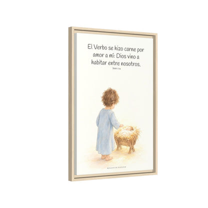 El Verbo se hizo carne por amor a mí — Lienzo Cristiano Enmarcado | Juan 1:14 — 16×24 pulgadas, marco natural, vista lateral del marco flotante