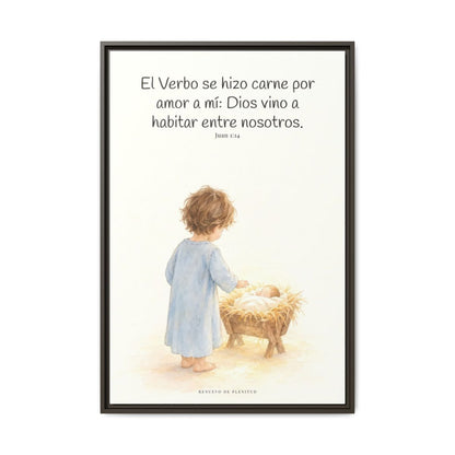 El Verbo se hizo carne por amor a mí — Lienzo Cristiano Enmarcado | Juan 1:14 — 24×36 pulgadas, marco espresso, vista frontal