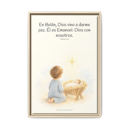 En Belén, Dios vino a darme paz — Lienzo Cristiano Enmarcado | Lucas 2:14 — 16×24 pulgadas, marco natural, vista frontal