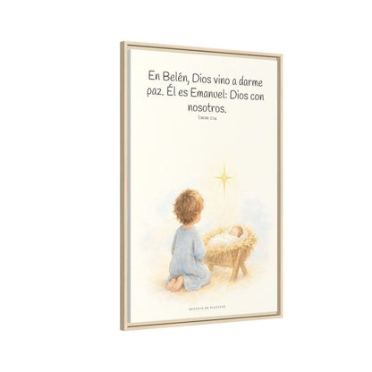 En Belén, Dios vino a darme paz — Lienzo Cristiano Enmarcado | Lucas 2:14 — 24×36 pulgadas, marco natural, vista lateral del marco flotante