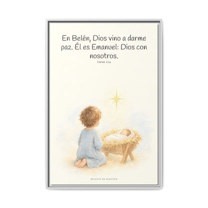 En Belén, Dios vino a darme paz — Lienzo Cristiano Enmarcado | Lucas 2:14 — 24×36 pulgadas, marco blanco, vista frontal