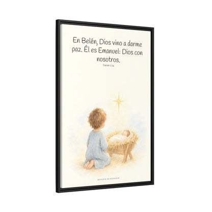 En Belén, Dios vino a darme paz — Lienzo Cristiano Enmarcado | Lucas 2:14 — 24×36 pulgadas, marco negro, vista lateral del marco flotante