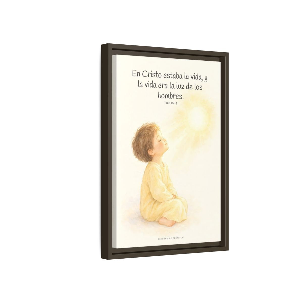 En Cristo está la vida que ilumina a todos | Cuadro de fe enmarcado | Juan 1:4-5 — 12×18 pulgadas, marco espresso, vista lateral del marco flotante