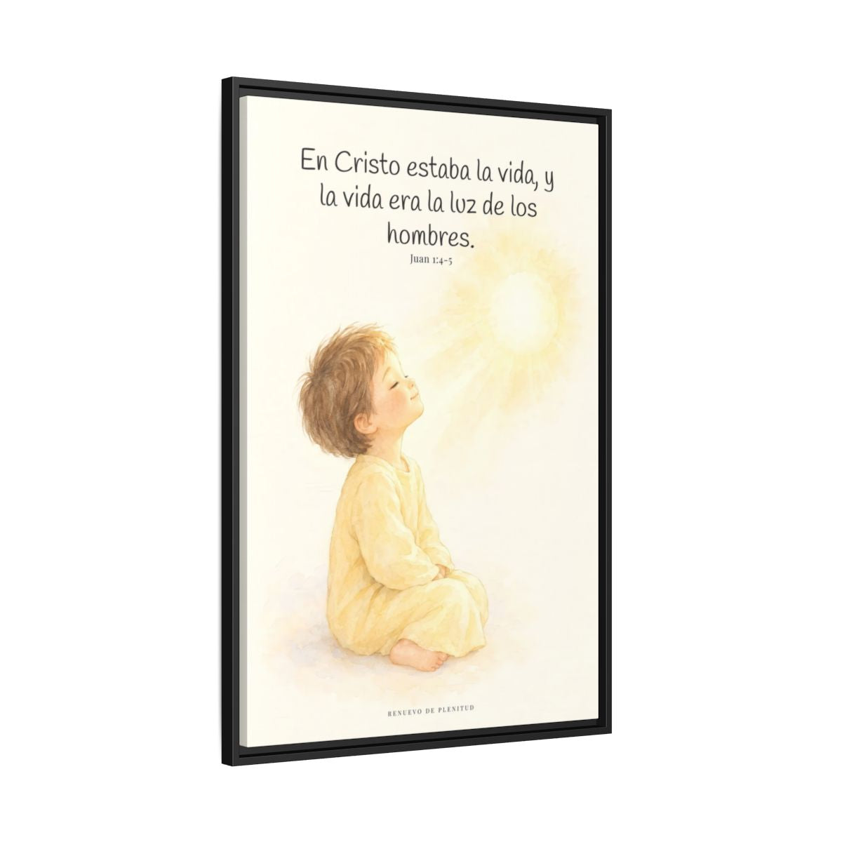 En Cristo está la vida que ilumina a todos | Cuadro de fe enmarcado | Juan 1:4-5 — 24×36 pulgadas, marco negro, vista lateral del marco flotante