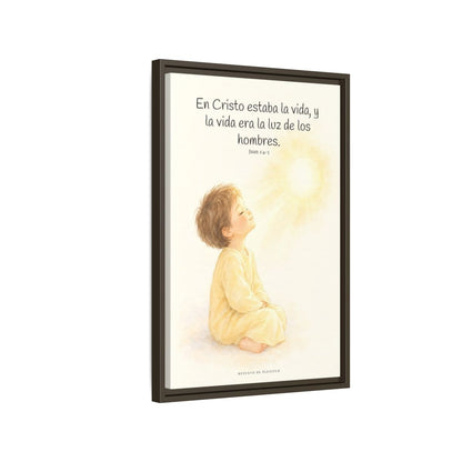 En Cristo está la vida que ilumina a todos | Cuadro de fe enmarcado | Juan 1:4-5 — 16×24 pulgadas, marco espresso, vista lateral del marco flotante