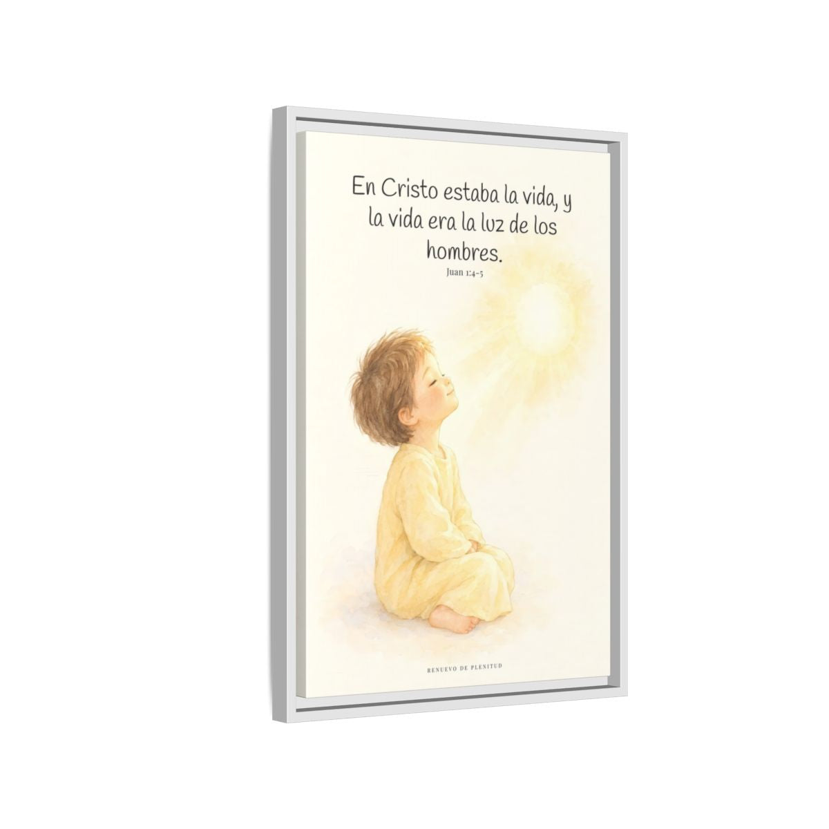 En Cristo está la vida que ilumina a todos | Cuadro de fe enmarcado | Juan 1:4-5 — 16×24 pulgadas, marco blanco, vista lateral del marco flotante