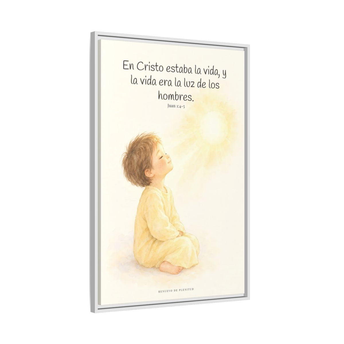 En Cristo está la vida que ilumina a todos | Cuadro de fe enmarcado | Juan 1:4-5 — 24×36 pulgadas, marco blanco, vista lateral del marco flotante
