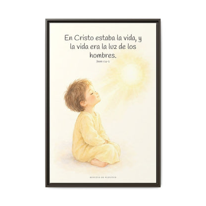 En Cristo está la vida que ilumina a todos | Cuadro de fe enmarcado | Juan 1:4-5 — 24×36 pulgadas, marco espresso, vista frontal