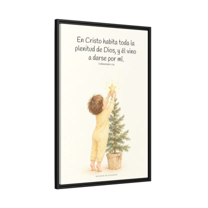 En Cristo habita la plenitud de Dios — Lienzo Cristiano Enmarcado | Colosenses 2:9 — 24×36 pulgadas, marco negro, vista lateral del marco flotante
