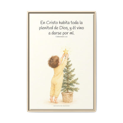 En Cristo habita la plenitud de Dios — Lienzo Cristiano Enmarcado | Colosenses 2:9 — 24×36 pulgadas, marco natural, vista frontal