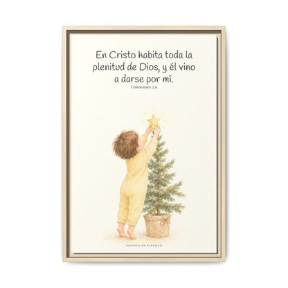 En Cristo habita la plenitud de Dios — Lienzo Cristiano Enmarcado | Colosenses 2:9 — 16×24 pulgadas, marco natural, vista frontal