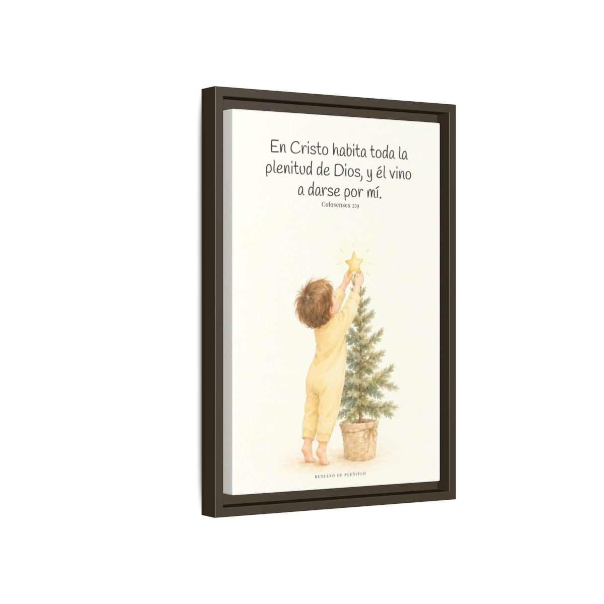 En Cristo habita la plenitud de Dios — Lienzo Cristiano Enmarcado | Colosenses 2:9 — 12×18 pulgadas, marco espresso, vista lateral del marco flotante