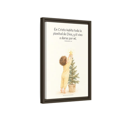 En Cristo habita la plenitud de Dios — Lienzo Cristiano Enmarcado | Colosenses 2:9 — 12×18 pulgadas, marco espresso, vista lateral del marco flotante
