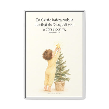En Cristo habita la plenitud de Dios — Lienzo Cristiano Enmarcado | Colosenses 2:9 — 24×36 pulgadas, marco blanco, vista frontal